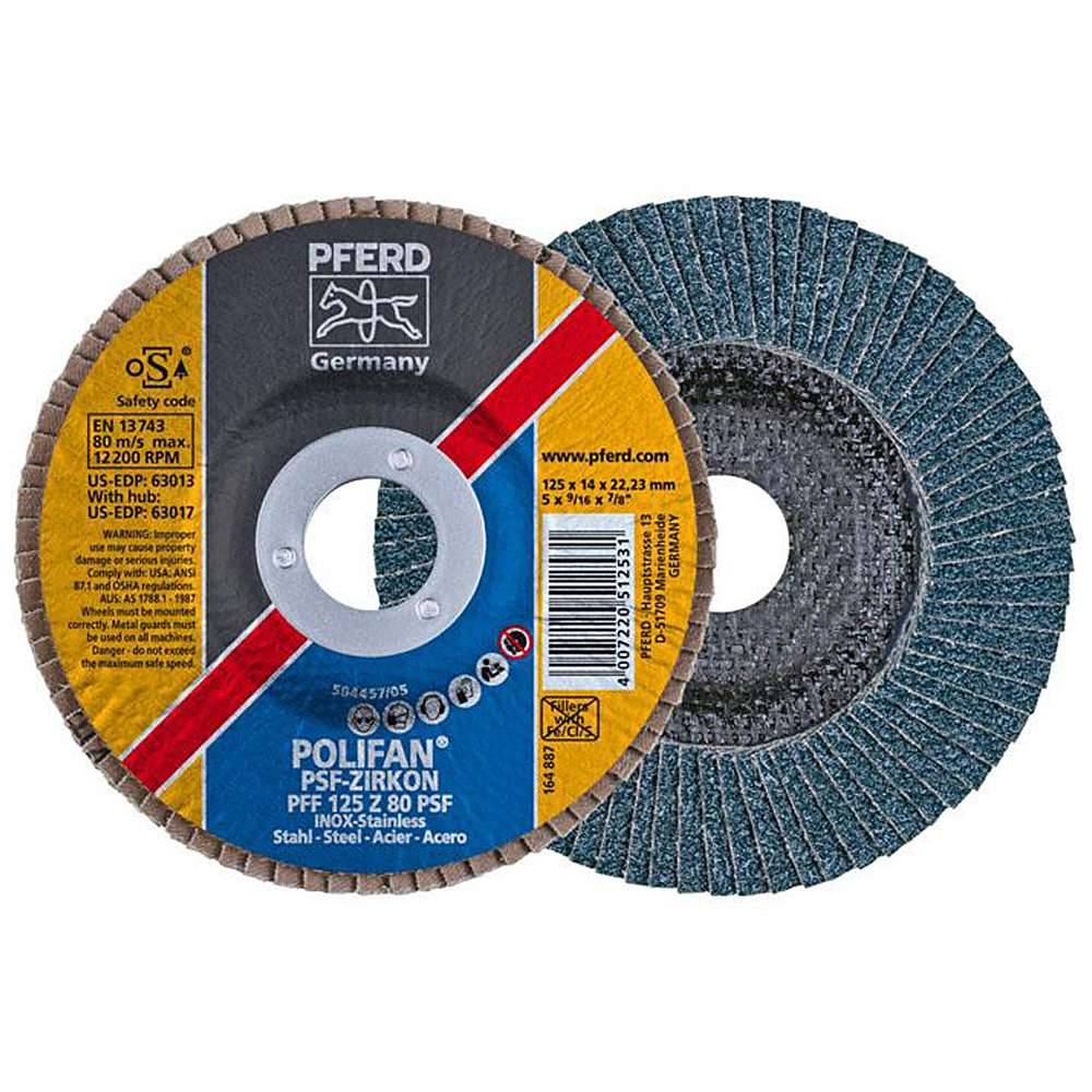Fächerschleifscheibe - PFERD POLIFAN® - für Stahl/INOX - flache Ausführung - Bezeichnung PFF 125 Z 80 PSF/22,23 - Maße (D x U x H) 125 x 14 x 22,