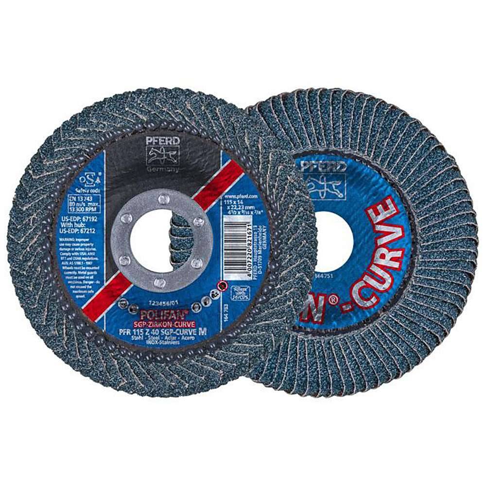 Fächerschleifscheibe - PFERD POLIFAN® - für INOX/Stahl - radiale Ausführung ZIRKON - Bezeichnung PFR 115 Z 40 SGP-CURVE M/22,23 - Maße (D x T x H