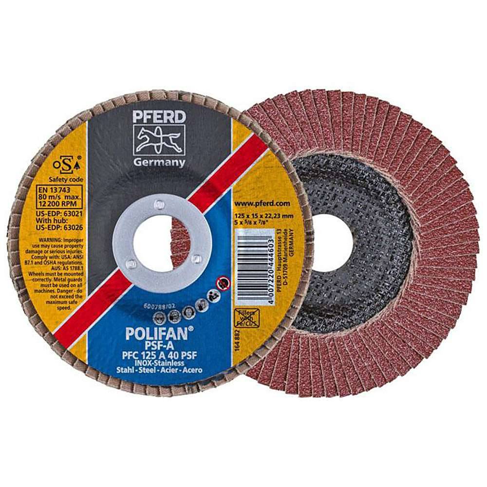 Fächerschleifscheibe - PFERD POLIFAN® - für Stahl/INOX/Kunststoff - konische Ausführung - Bezeichnung PFC 125 A 40 PSF/22,23 - Maße (D x U x H) 1