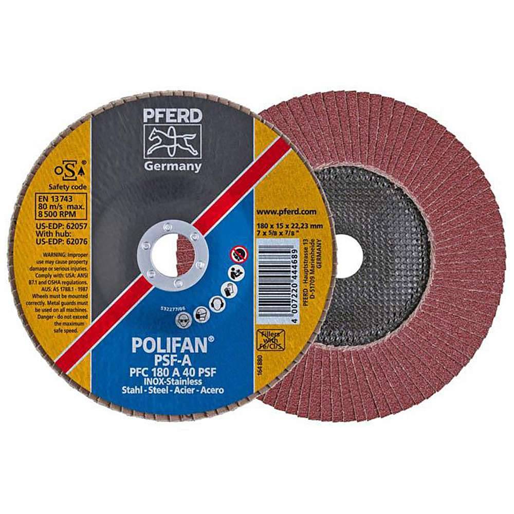 Fächerschleifscheibe - PFERD POLIFAN® - für Stahl/INOX/Kunststoff - konische Ausführung - Bezeichnung PFC 180 A 40 PSF/22,23 - Maße (D x U x H) 1