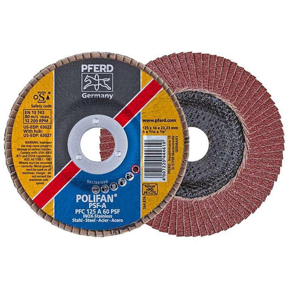 Fächerschleifscheibe - PFERD POLIFAN® - für Stahl/INOX/Kunststoff - konische Ausführung - Bezeichnung PFC 125 A 60 PSF/22,23 - Maße (D x U x H) 1