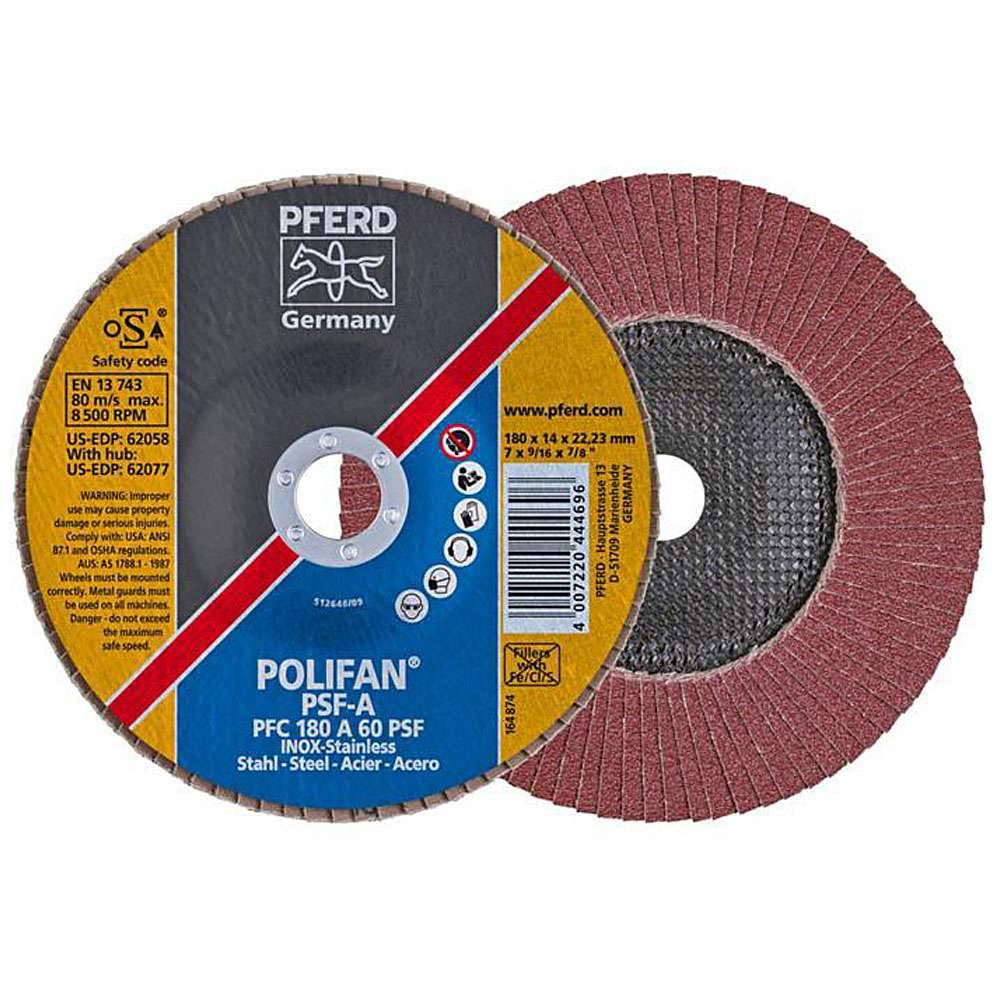 Fächerschleifscheibe - PFERD POLIFAN® - für Stahl/INOX/Kunststoff - konische Ausführung - Bezeichnung PFC 180 A 60 PSF/22,23 - Maße (D x U x H) 1