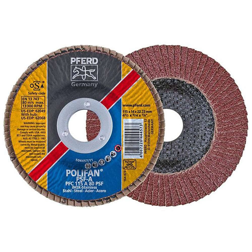Fächerschleifscheibe - PFERD POLIFAN® - für Stahl/INOX/Kunststoff - konische Ausführung - Bezeichnung PFC 115 A 80 PSF/22,23 - Maße (D x U x H) 1