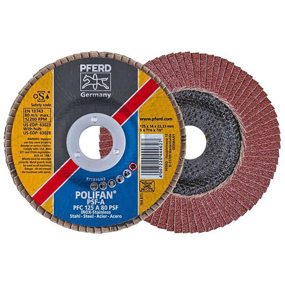 Fächerschleifscheibe - PFERD POLIFAN® - für Stahl/INOX/Kunststoff - konische Ausführung - Bezeichnung PFC 125 A 80 PSF/22,23 - Maße (D x U x H) 1