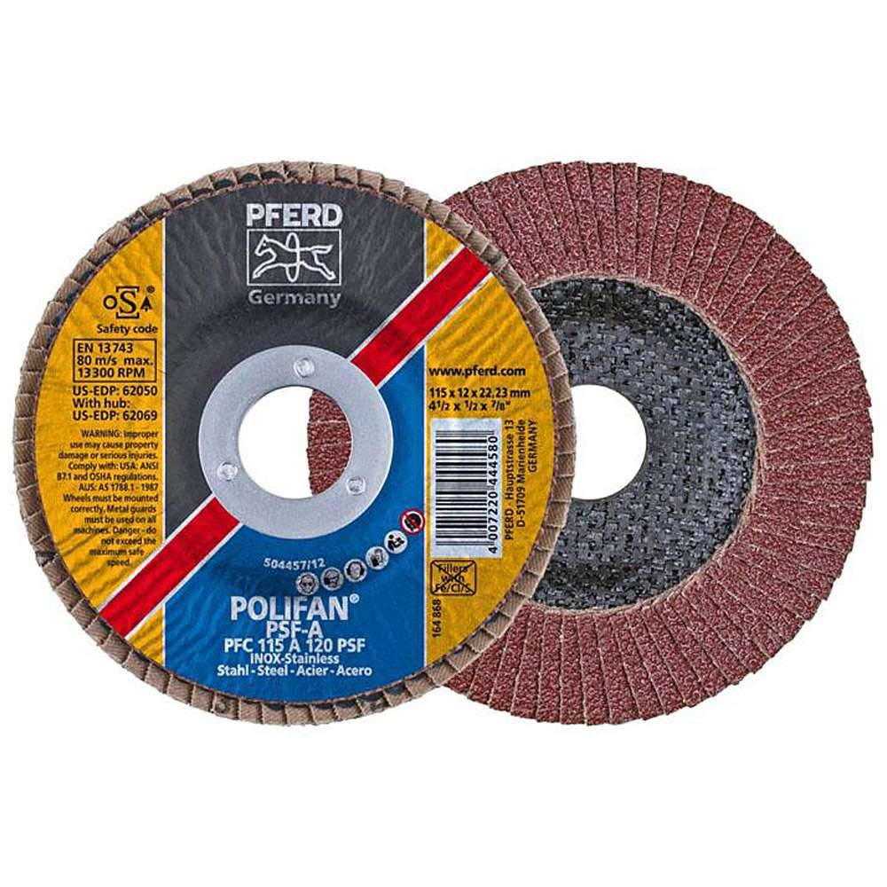 Fächerschleifscheibe - PFERD POLIFAN® - für Stahl/INOX/Kunststoff - konische Ausführung - Bezeichnung PFC 115 A 120 PSF/22,23 - Maße (D x U x H)