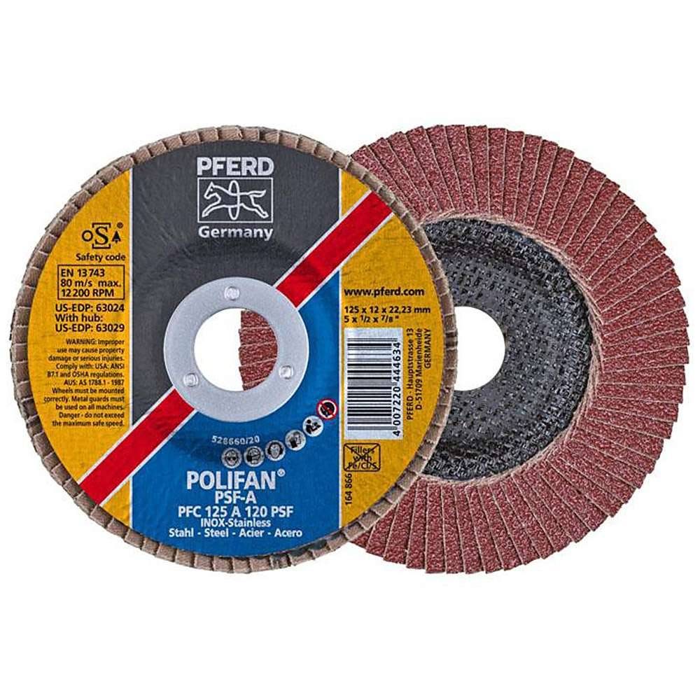 Fächerschleifscheibe - PFERD POLIFAN® - für Stahl/INOX/Kunststoff - konische Ausführung - Bezeichnung PFC 125 A 120 PSF/22,23 - Maße (D x U x H)