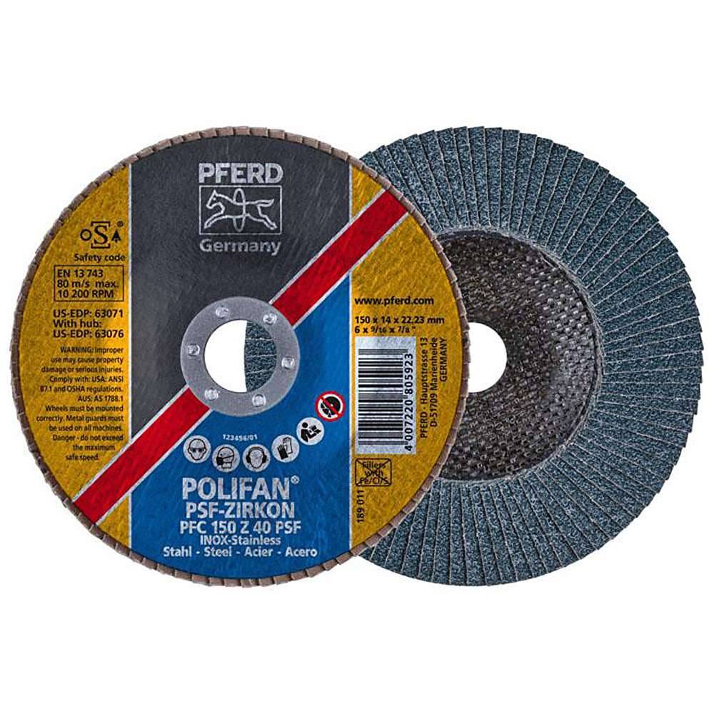 Fächerschleifscheibe - PFERD POLIFAN® - für Stahl/INOX - konische Ausführung - Bezeichnung PFC 150 Z 40 PSF/22,23 - Maße (D x T x H) 150 x 14 x 2