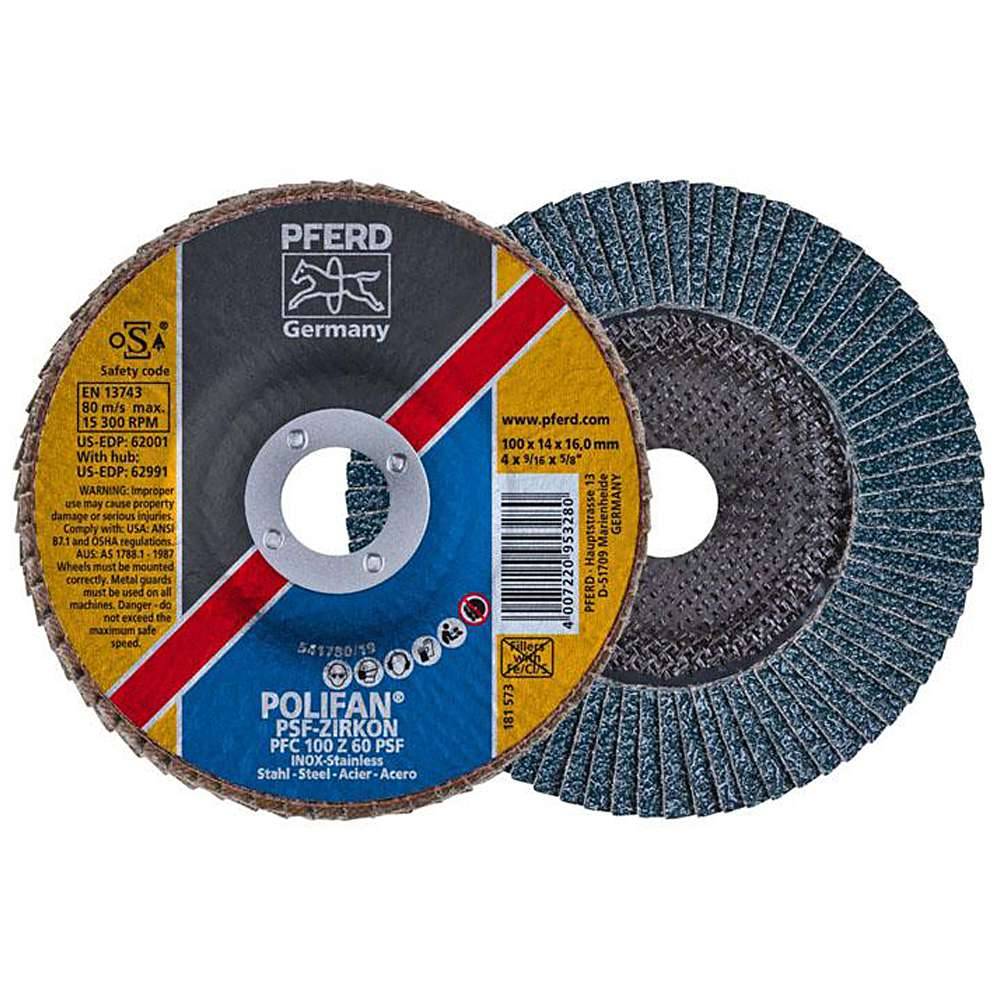 Fächerschleifscheibe - PFERD POLIFAN® - für Stahl/INOX - konische Ausführung - Bezeichnung PFC 100 Z 60 PSF/16,0 - Maße (D x T x H) 100 x 14 x 16