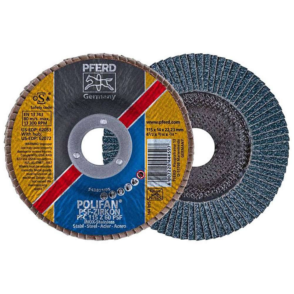 Fächerschleifscheibe - PFERD POLIFAN® - für Stahl/INOX - konische Ausführung - Bezeichnung PFC 115 Z 60 PSF/22,23 - Maße (D x T x H) 115 x 14 x 2