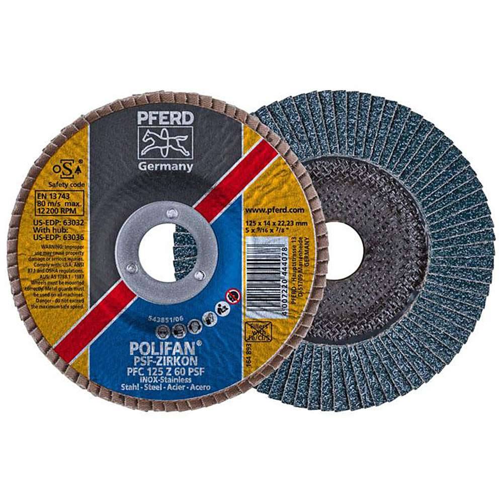 Fächerschleifscheibe - PFERD POLIFAN® - für Stahl/INOX - konische Ausführung - Bezeichnung PFC 125 Z 60 PSF/22,23 - Maße (D x T x H) 125 x 14 x 2