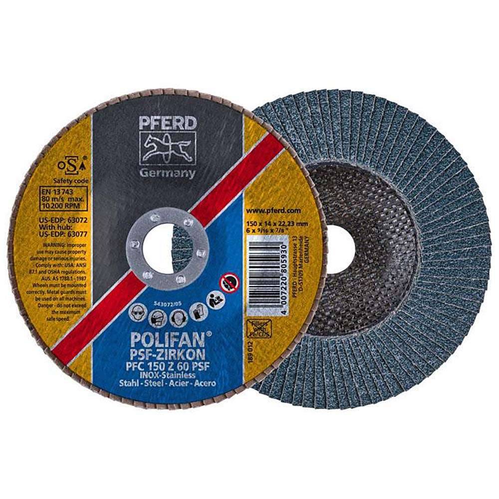 Fächerschleifscheibe - PFERD POLIFAN® - für Stahl/INOX - konische Ausführung - Bezeichnung PFC 150 Z 60 PSF/22,23 - Maße (D x T x H) 150 x 14 x 2