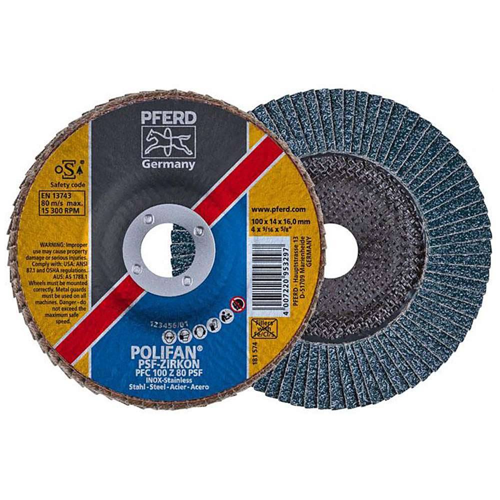 Fächerschleifscheibe - PFERD POLIFAN® - für Stahl/INOX - konische Ausführung - Bezeichnung PFC 100 Z 80 PSF/16,0 - Maße (D x T x H) 100 x 14 x 16