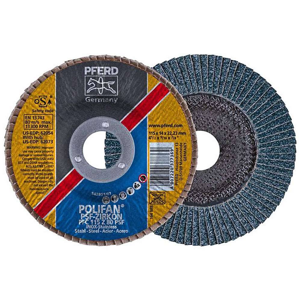Fächerschleifscheibe - PFERD POLIFAN® - für Stahl/INOX - konische Ausführung - Bezeichnung PFC 115 Z 80 PSF/22,23 - Maße (D x T x H) 115 x 14 x 2