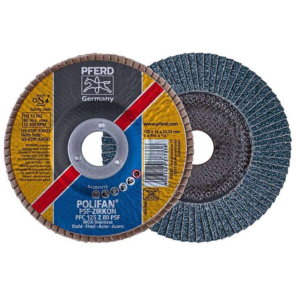Fächerschleifscheibe - PFERD POLIFAN® - für Stahl/INOX - konische Ausführung - Bezeichnung PFC 125 Z 80 PSF/22,23 - Maße (D x T x H) 125 x 14 x 2