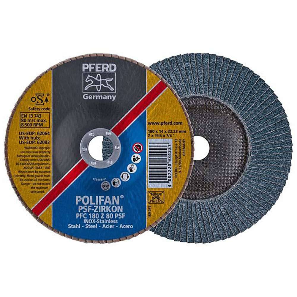 Fächerschleifscheibe - PFERD POLIFAN® - für Stahl/INOX - konische Ausführung - Bezeichnung PFC 180 Z 80 PSF/22,23 - Maße (D x T x H) 180 x 14 x 2