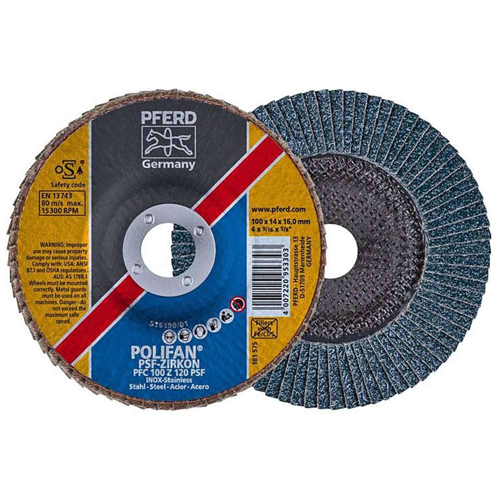 Fächerschleifscheibe - PFERD POLIFAN® - für Stahl/INOX - konische Ausführung - Bezeichnung PFC 100 Z 120 PSF/16,0 - Maße (D x T x H) 100 x 14 x 1