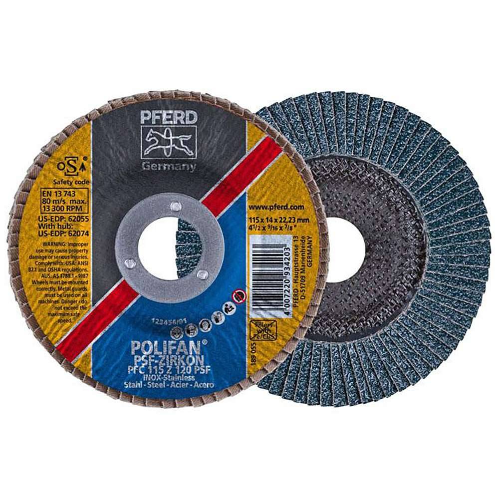 Fächerschleifscheibe - PFERD POLIFAN® - für Stahl/INOX - konische Ausführung - Bezeichnung PFC 115 Z 120 PSF/22,23 - Maße (D x T x H) 115 x 14 x
