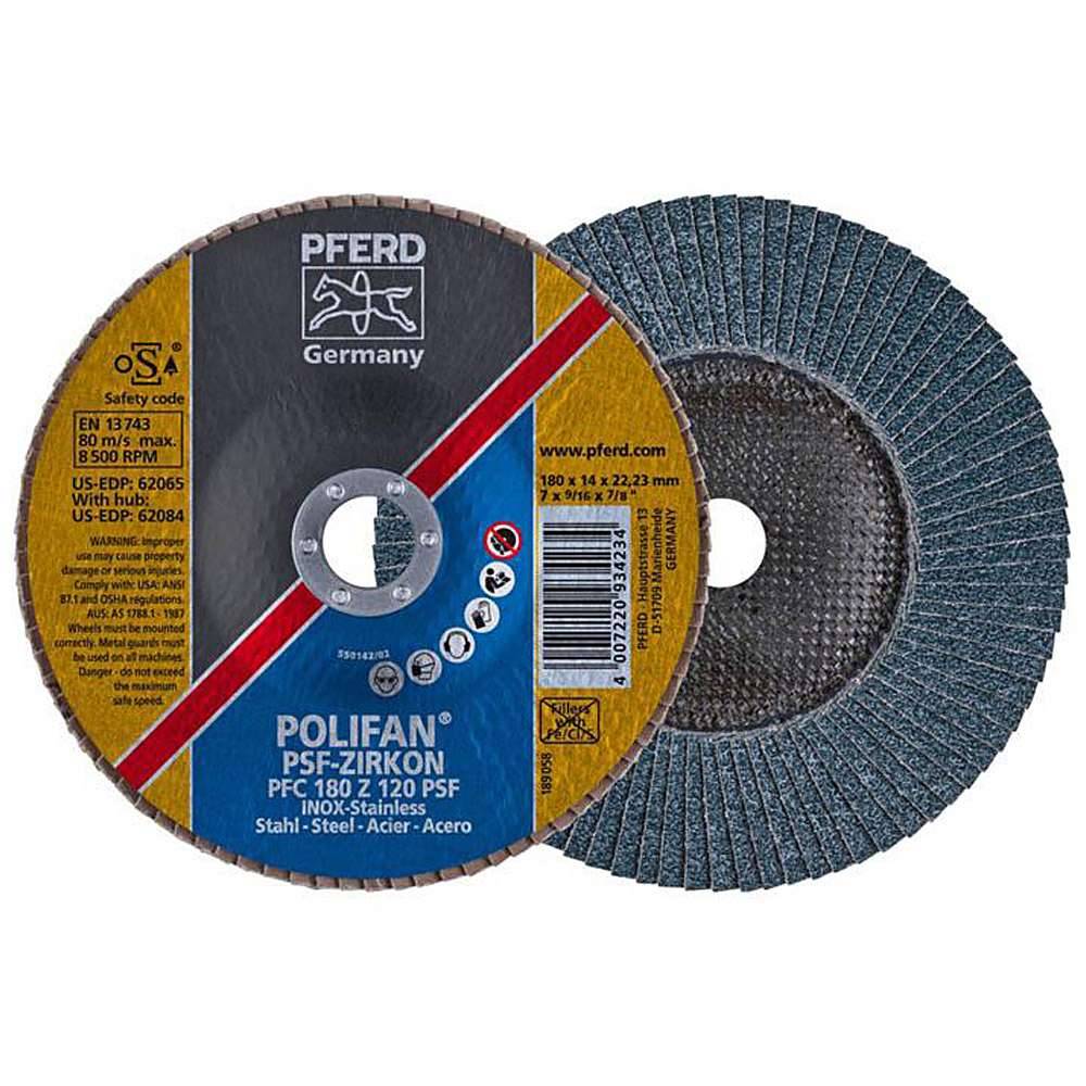 Fächerschleifscheibe - PFERD POLIFAN® - für Stahl/INOX - konische Ausführung - Bezeichnung PFC 180 Z 120 PSF/22,23 - Maße (D x T x H) 180 x 14 x