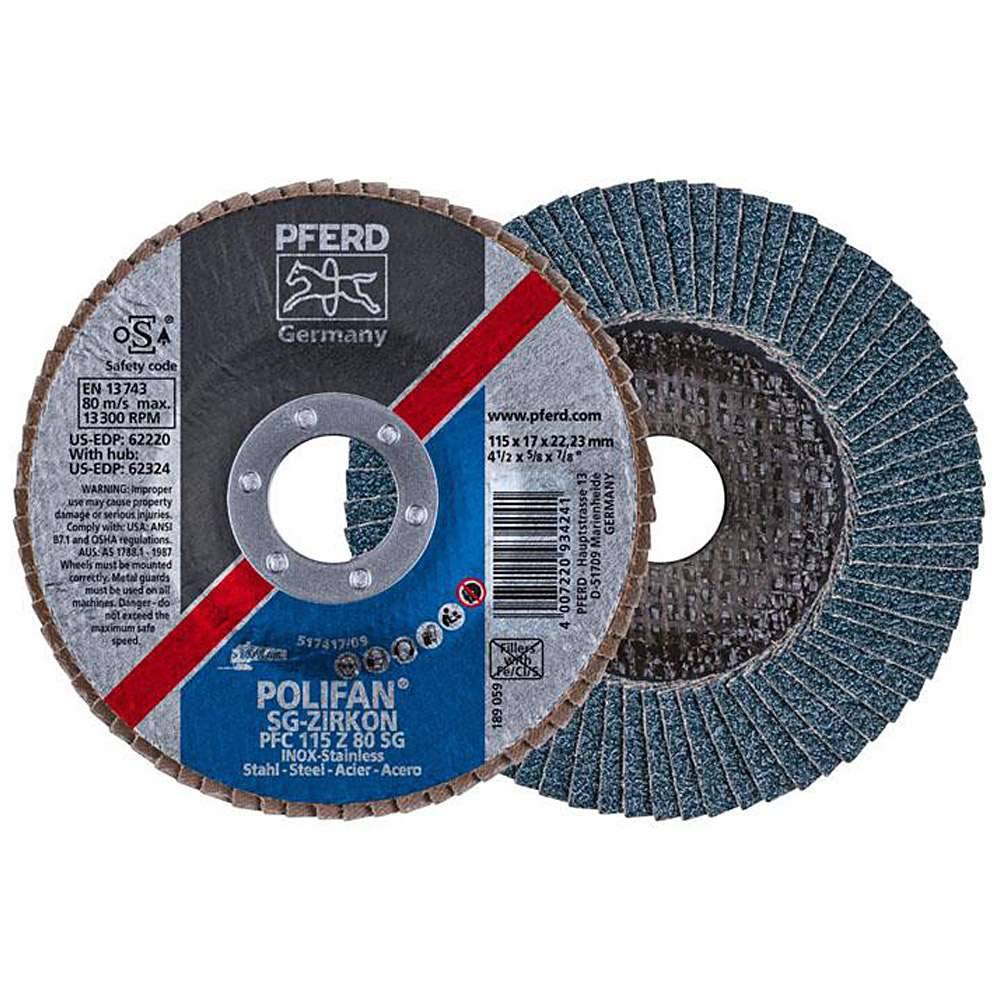 Fächerschleifscheibe - PFERD POLIFAN® - für Stahl/INOX - konische Hochleistungsausführung - Bezeichnung PFC 115 Z 80 SG/22,23 - Maße (D x T x H)
