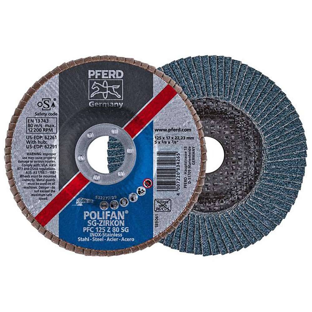 Fächerschleifscheibe - PFERD POLIFAN® - für Stahl/INOX - konische Hochleistungsausführung - Bezeichnung PFC 125 Z 80 SG/22,23 - Maße (D x T x H)