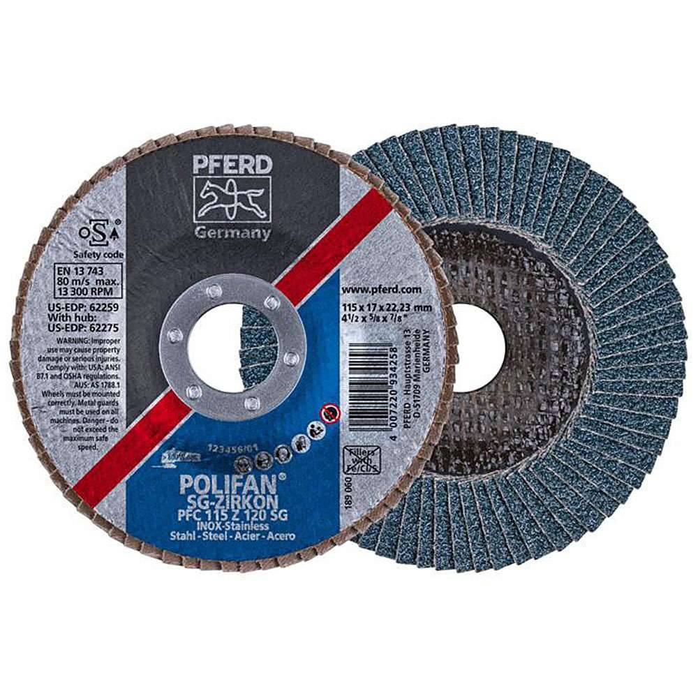 Fächerschleifscheibe - PFERD POLIFAN® - für Stahl/INOX - konische Hochleistungsausführung - Bezeichnung PFC 115 Z 120 SG/22,23 - Maße (D x T x H)