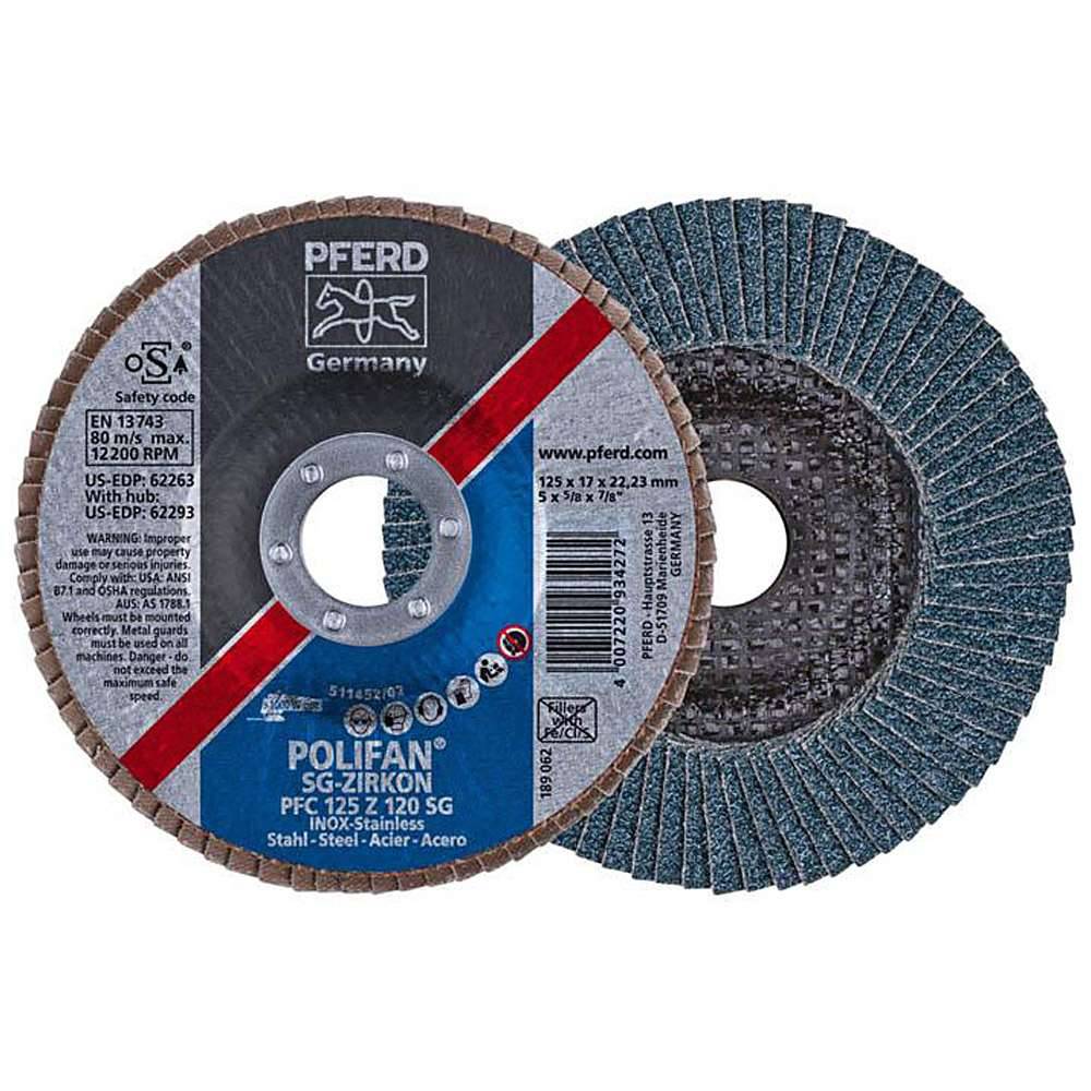 Fächerschleifscheibe - PFERD POLIFAN® - für Stahl/INOX - konische Hochleistungsausführung - Bezeichnung PFC 125 Z 120 SG/22,23 - Maße (D x T x H)