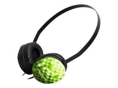 Green Creative Labs Over-Ear-Kopfhörer mit schwarzem Kopfbügel und pixelierten grünen Ohrmuscheln auf weißem Hintergrund