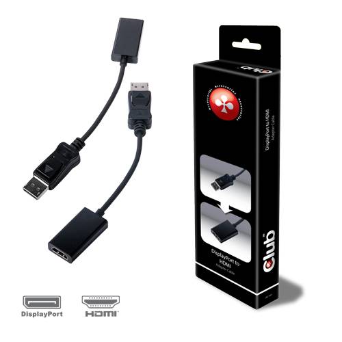 DisplayPort-zu-HDMI-Adapterkabel mit Produktverpackung, dargestellt mit DisplayPort- und HDMI-Stecker-Symbolen.
