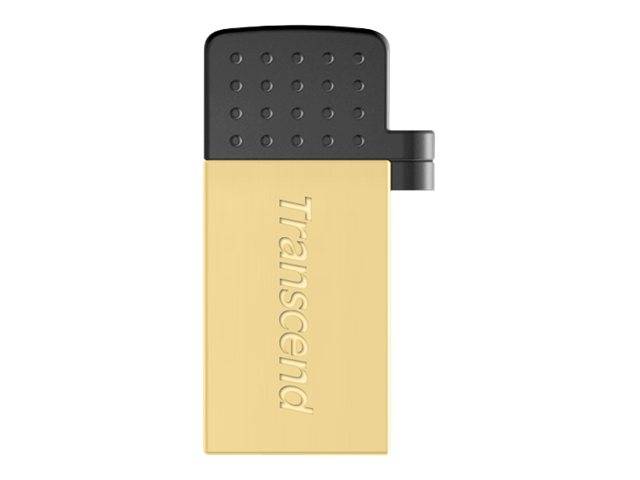 Gold- und schwarzes Transcend USB-Flash-Laufwerk mit einer strukturierten schwarzen Kappe auf weißem Hintergrund.