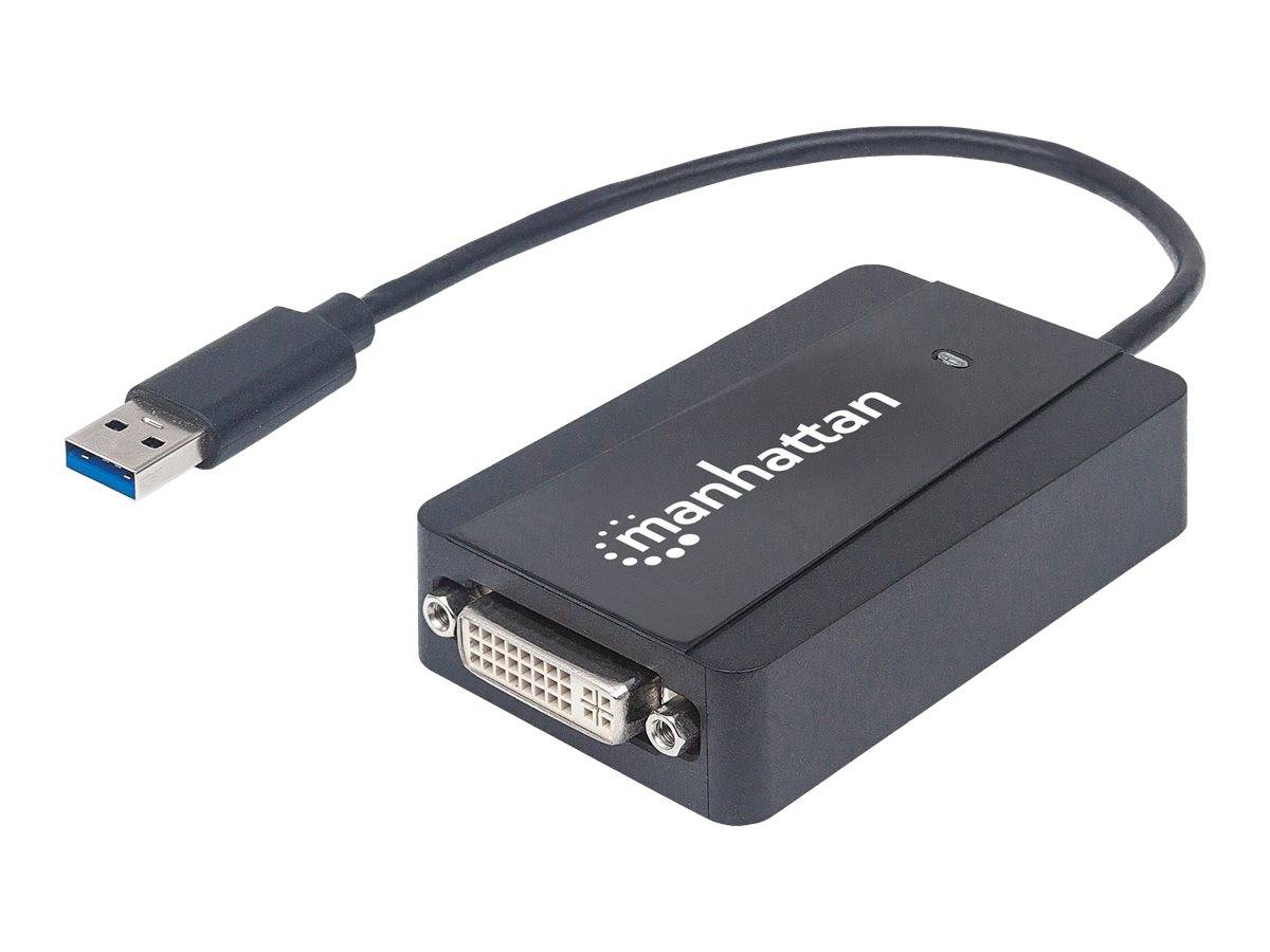 USB-zu-DVI-Adapterkabel mit Manhattan-Branding, das zeigt einen USB-A-Stecker, der mit einem schwarzen DVI-Ausgangskonverter verbunden ist.