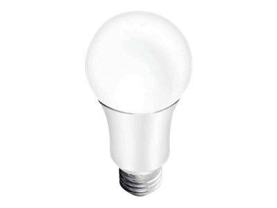 Eine weiße LED-Glühbirne mit mattiertem Globus und Schraubgewinde auf einfachem Hintergrund.