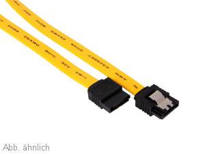Ein gelbes SATA-Kabel mit Anschlüssen an beiden Enden wird zum Verbinden von Speichergeräten im Inneren eines Computers verwendet.