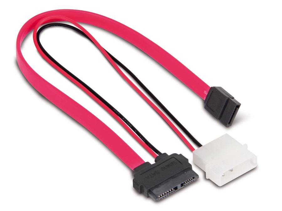 Ein rotes SATA-Kabel mit Anschlüssen und einem weißen Stromadapterstecker für Computerhardware.