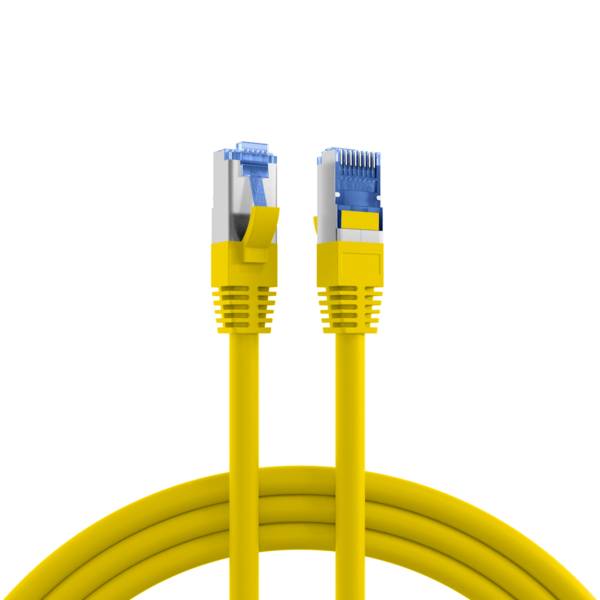 Gelbes Ethernet-Kabel mit zwei RJ45-Steckern nebeneinander auf weißem Hintergrund dargestellt.