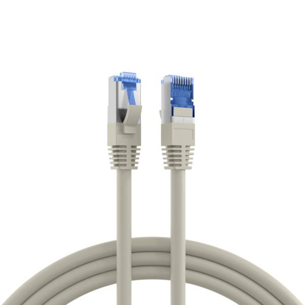 Zwei Ethernet-Steckverbinder mit blauen Verriegelungslaschen, die über einem aufgewickelten grauen Netzwerkkabel auf weißem Hintergrund abgebildet sind.