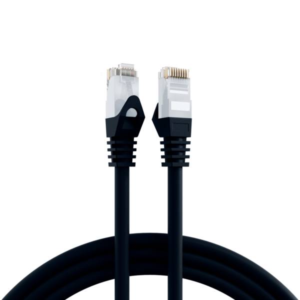 Zwei schwarze Ethernet-Kabelenden mit RJ45-Steckern, aufrecht auf weißem Hintergrund dargestellt.