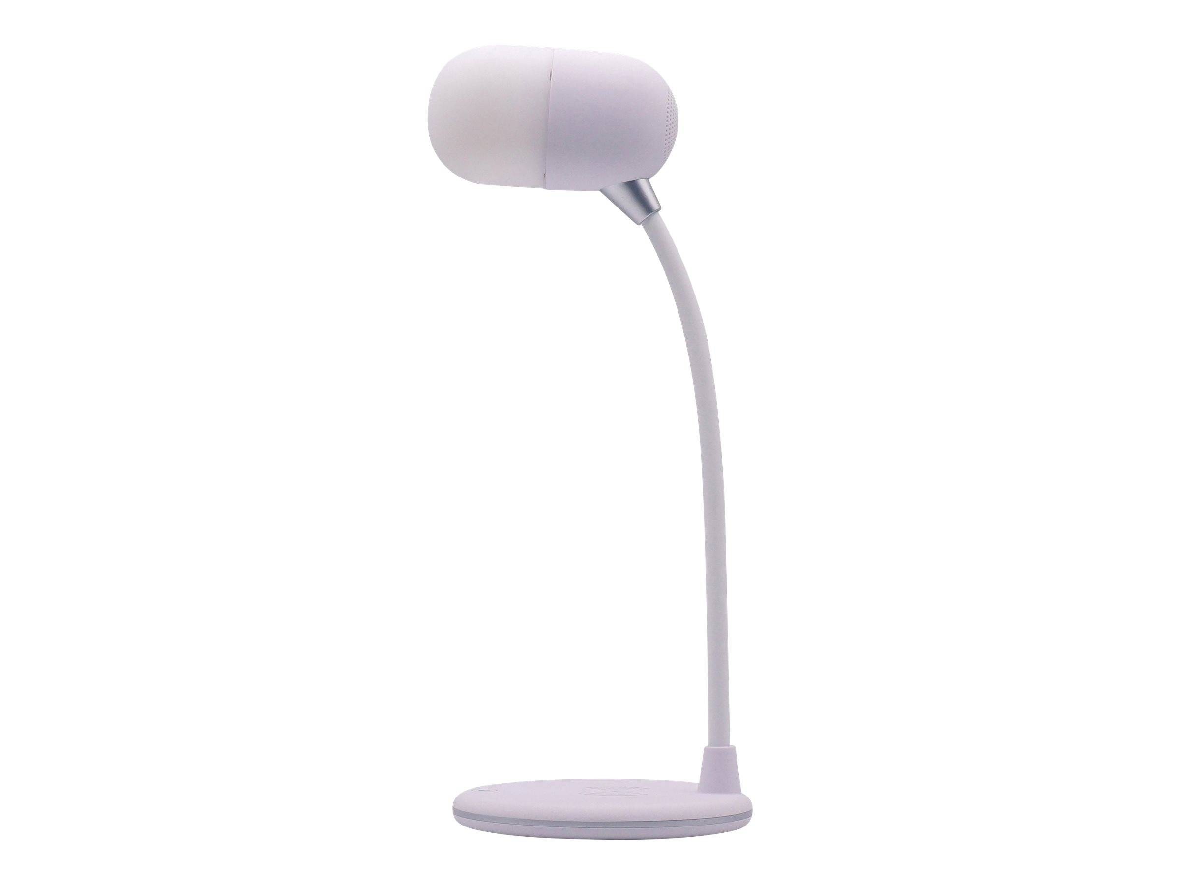 Eine kleine weiße Schreibtischlampe mit rundem Kopf, flexiblem Hals und kreisförmiger Basis auf einem einfachen weißen Hintergrund.