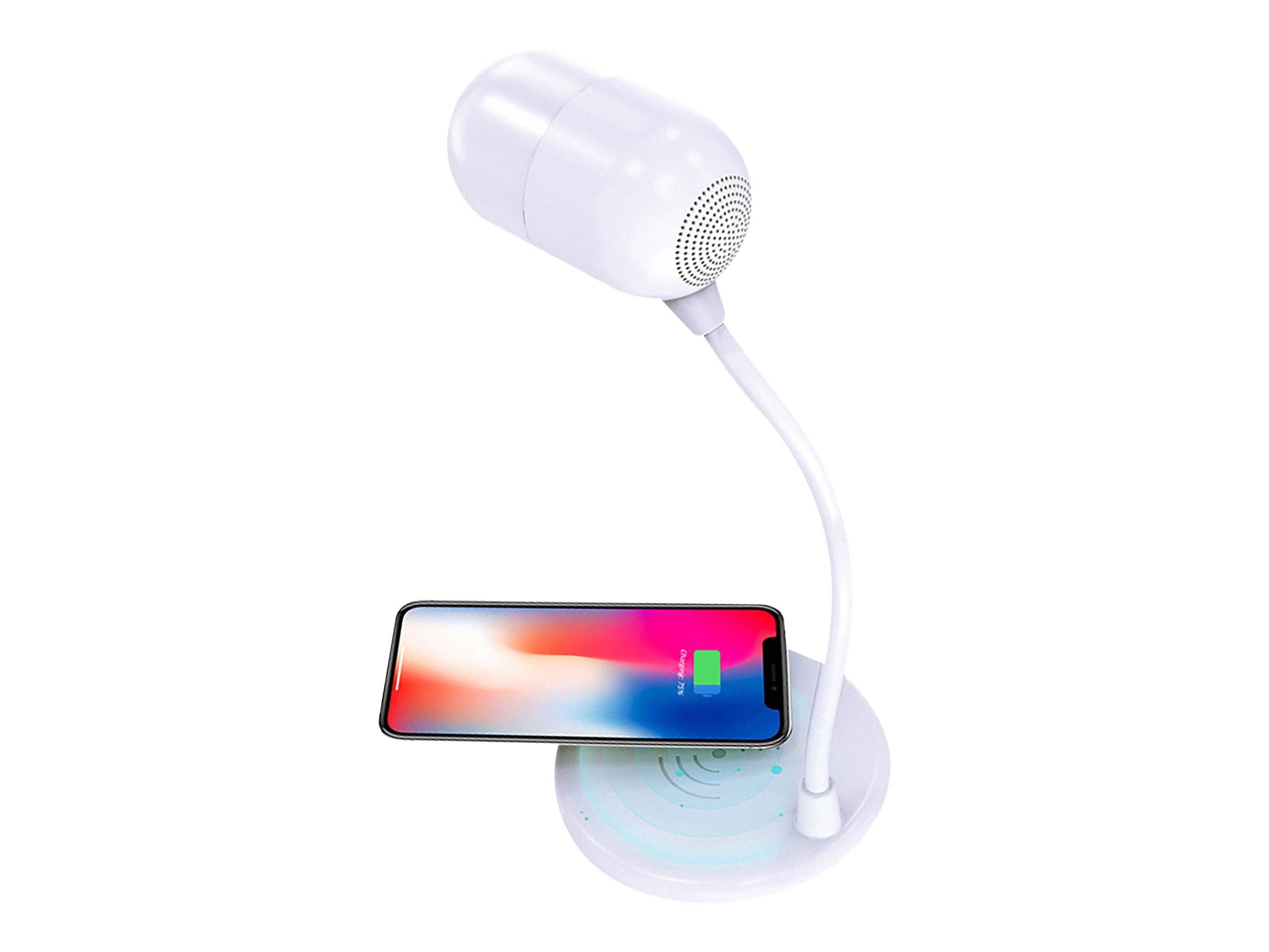 Weiße verstellbare Schreibtischlampe mit einem Smartphone auf dem Sockel, die eine Wireless-Charging-Pad zum gleichzeitigen Laden und Beleuchten zeigt.