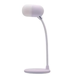 Eine minimalistische weiße Schreibtischlampe mit rundem Kopf und geschwungenem verstellbarem Hals auf einer kreisförmigen Basis.