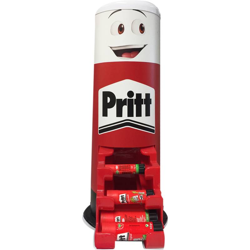 Eine große, lächelnde Klebstift-Maskottchen mit dem prominent platzierten Etikett 