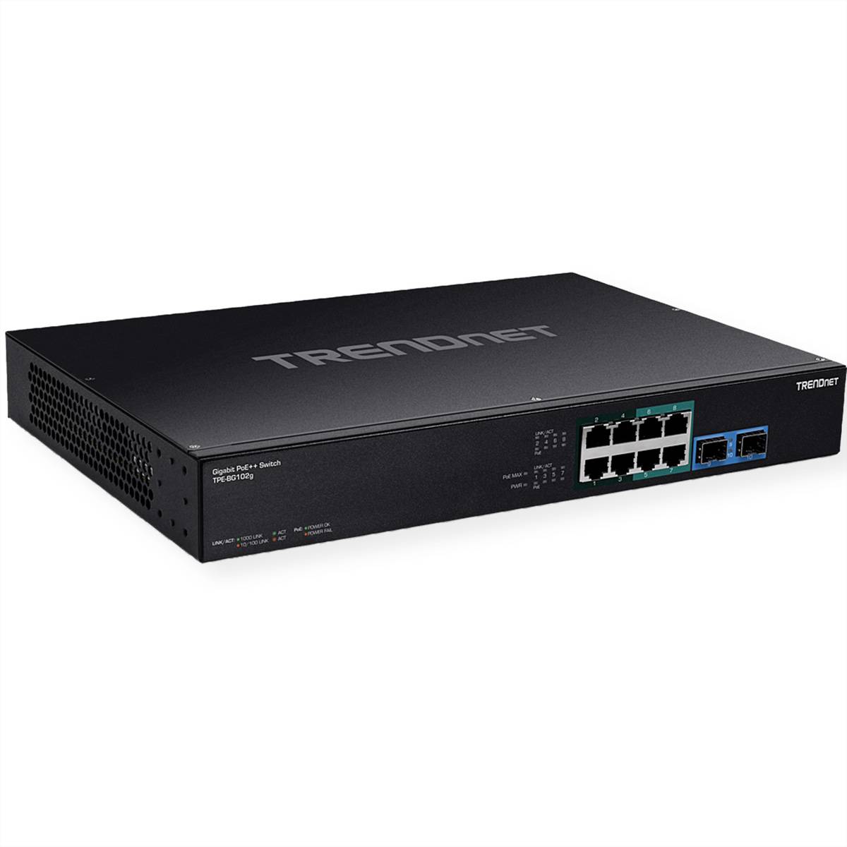 Schwarzer TRENDnet Gigabit PoE+ Netzwerk-Switch mit mehreren Ethernet-Anschlüssen und zwei blauen Uplink-Ports auf der Frontplatte.