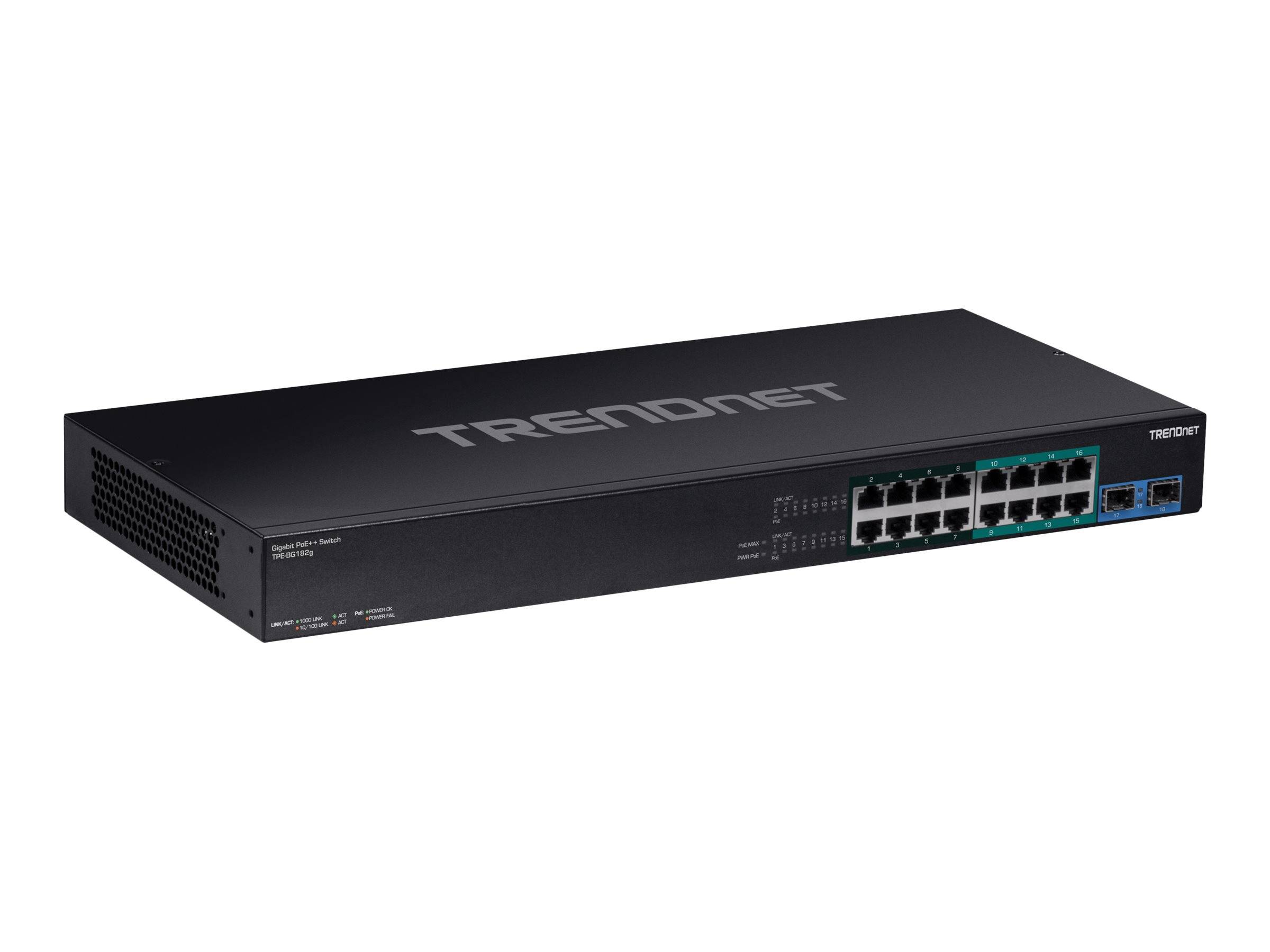 Schwarzer TRENDnet-Netzwerk-Switch mit mehreren Ethernet-Anschlüssen und zwei blauen Uplink-Ports auf der Frontplatte