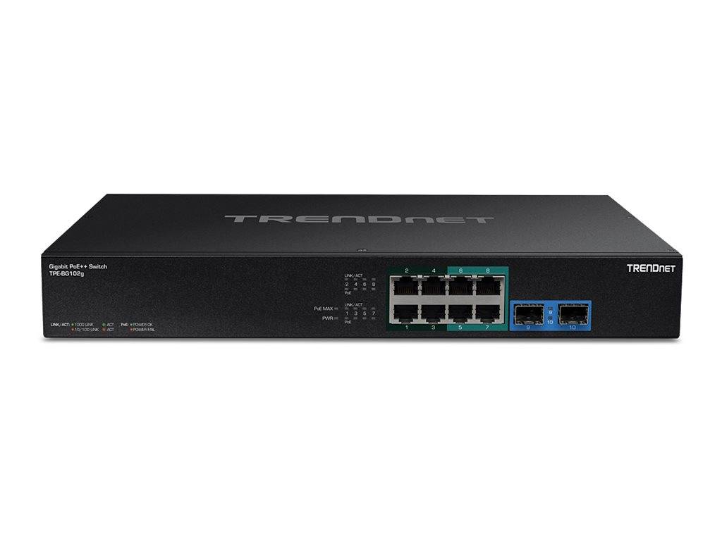 Frontansicht eines schwarzen TRENDnet 8-Port Gigabit PoE+ Switches mit Ethernet-Anschlüssen und zwei blauen Uplink-Ports auf der Frontblende.