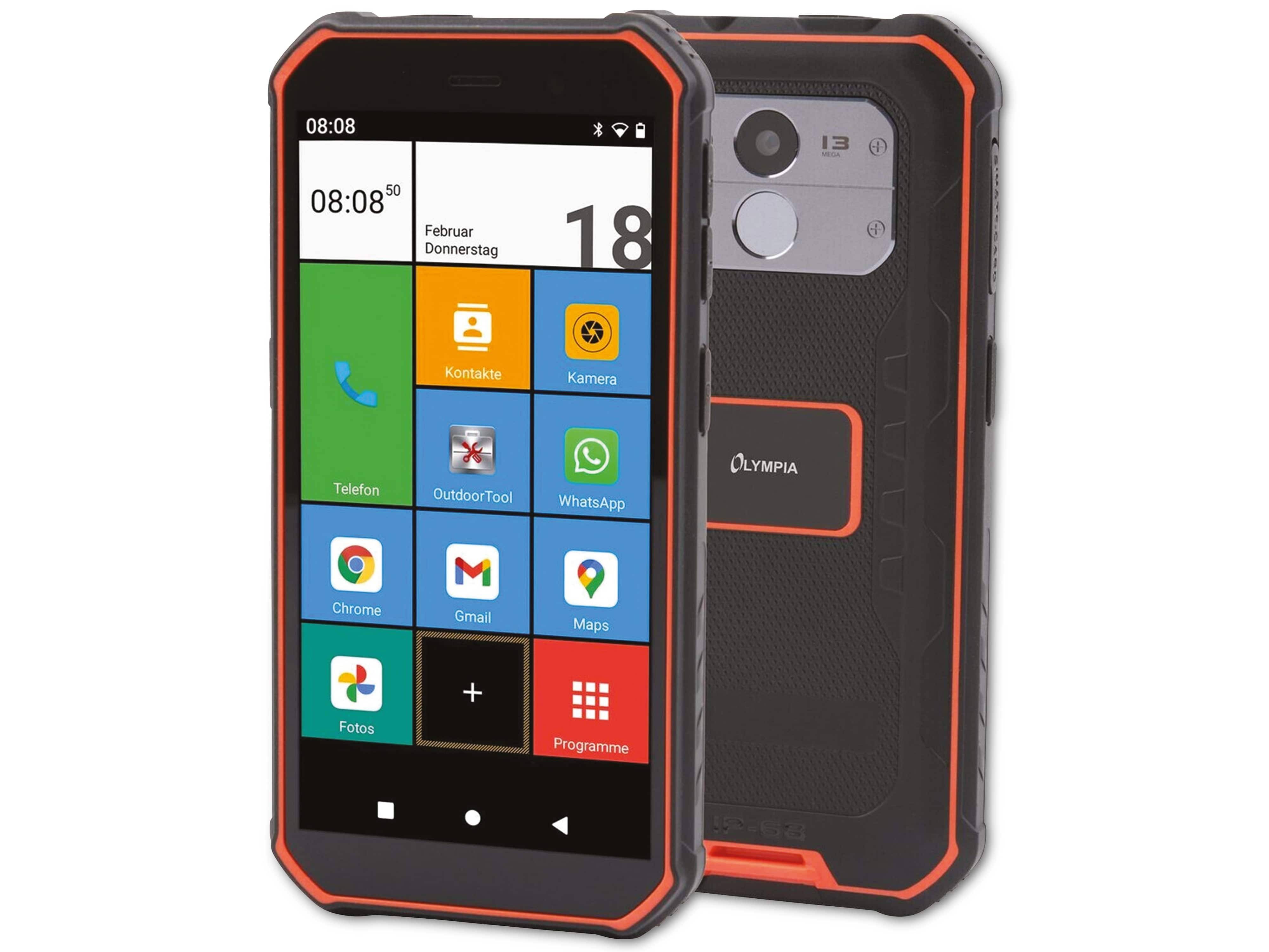 Zwei robuste schwarz-orange Smartphones, Vorder- und Rückansicht, zeigen einen gekachelten Startbildschirm mit App-Symbolen und dem Olympia-Logo auf der Rückseite.