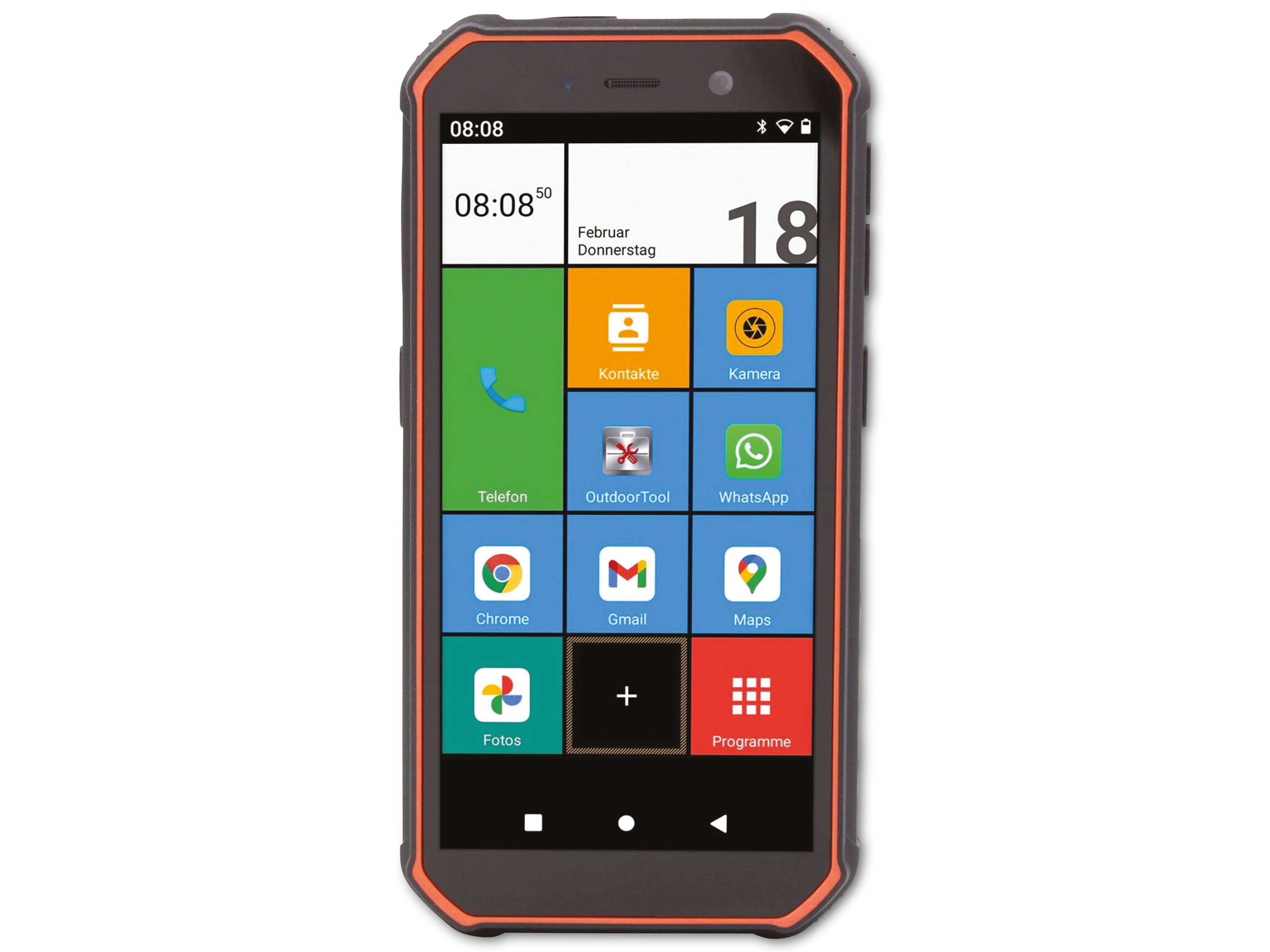 Robustes Smartphone-Startbildschirm mit kachelbasiertem App-Menü mit großen Symbolen für Telefon, Kontakte, Kamera, WhatsApp, Chrome, Gmail, Maps, Fotos und Programme, sowie die Uhrzeit 08:08 und das Datum 18. Februar Donnerstag.