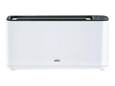 Ein weißer Toaster mit minimalistischem Design und einem Logo auf der Frontblende.