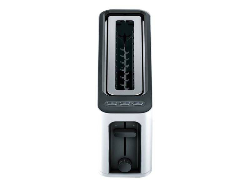 Ein vertikaler Toaster in Silber und Schwarz mit einem einzigen, schmalen Schlitz und Bedienknöpfen auf der Vorderseite.