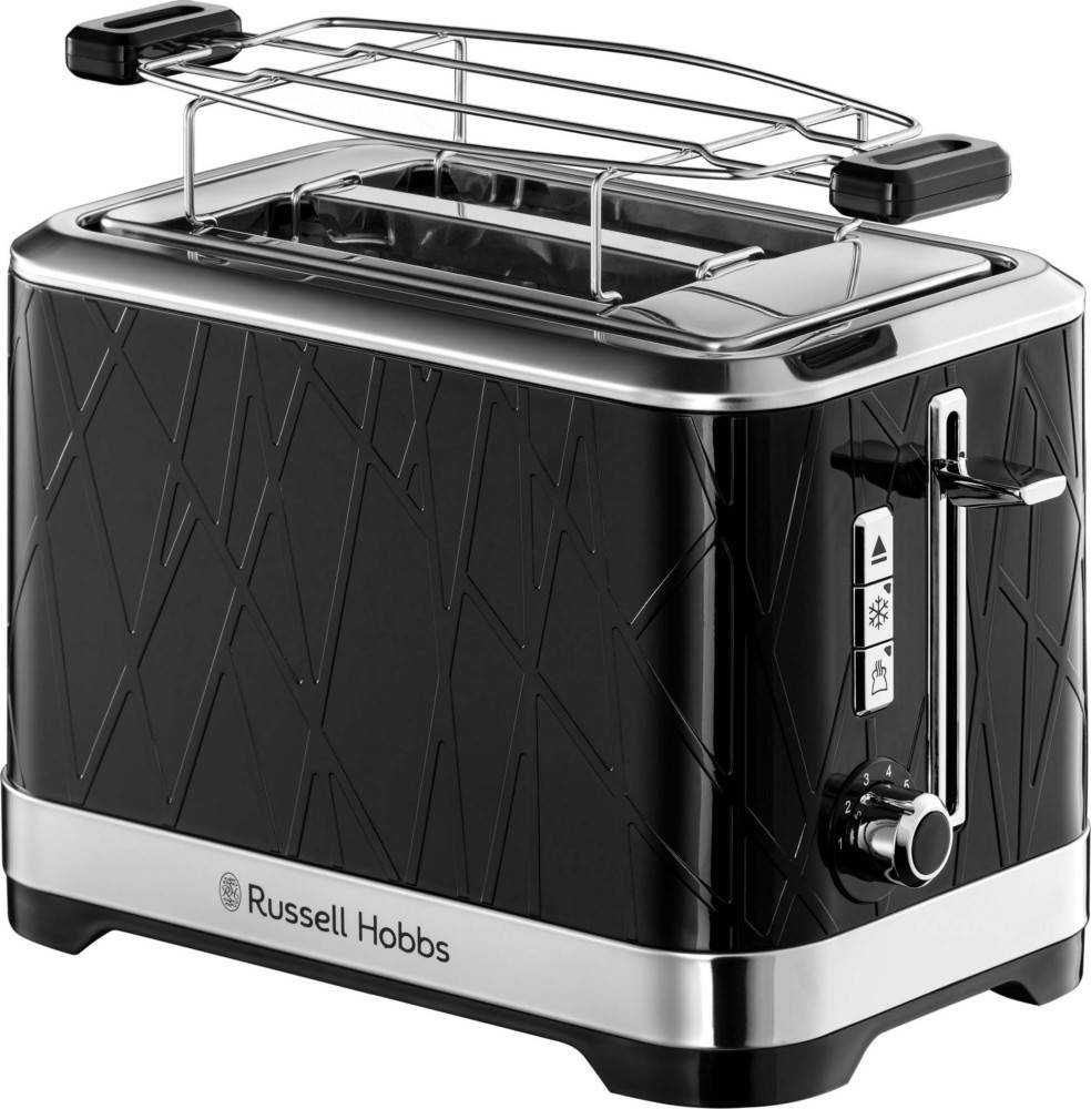 Ein schwarzer Russell Hobbs Toaster mit zwei Schlitzen, integriertem Brötchenwärmer und Steuerungen für Bräunungsstufen, Auftauen und Aufwärmen.