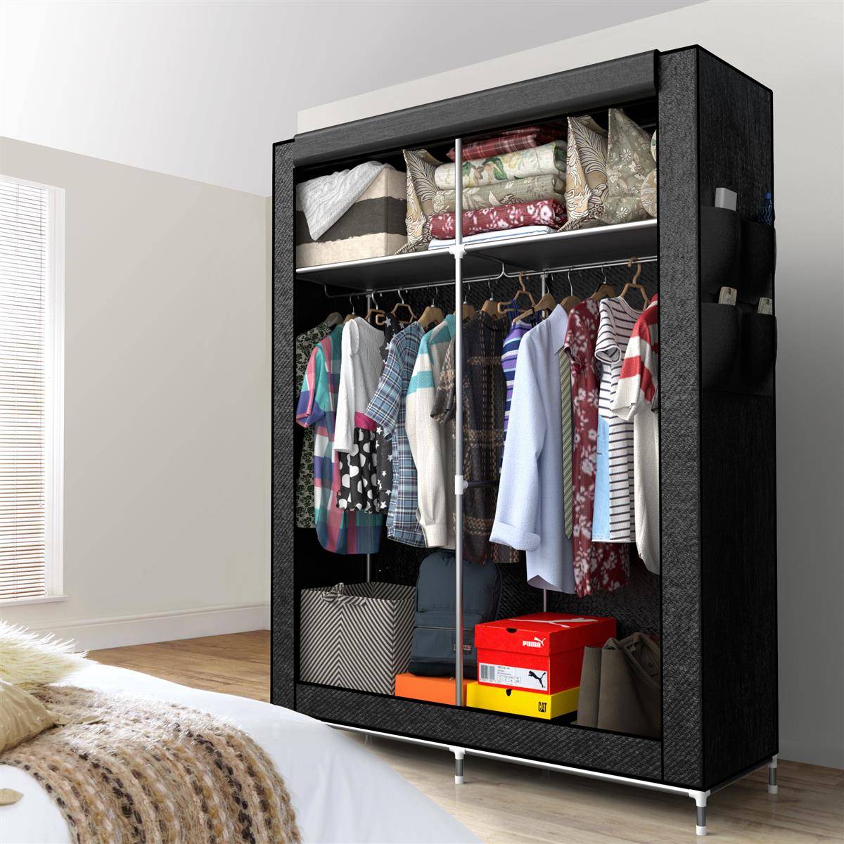 Intirilife Faltschrank 108x170x45 cm in RABEN SCHWARZ - mit Reißverschluss Stoffschrank Kleiderschrank mit Kleiderstange, Fächern und Seitentasche