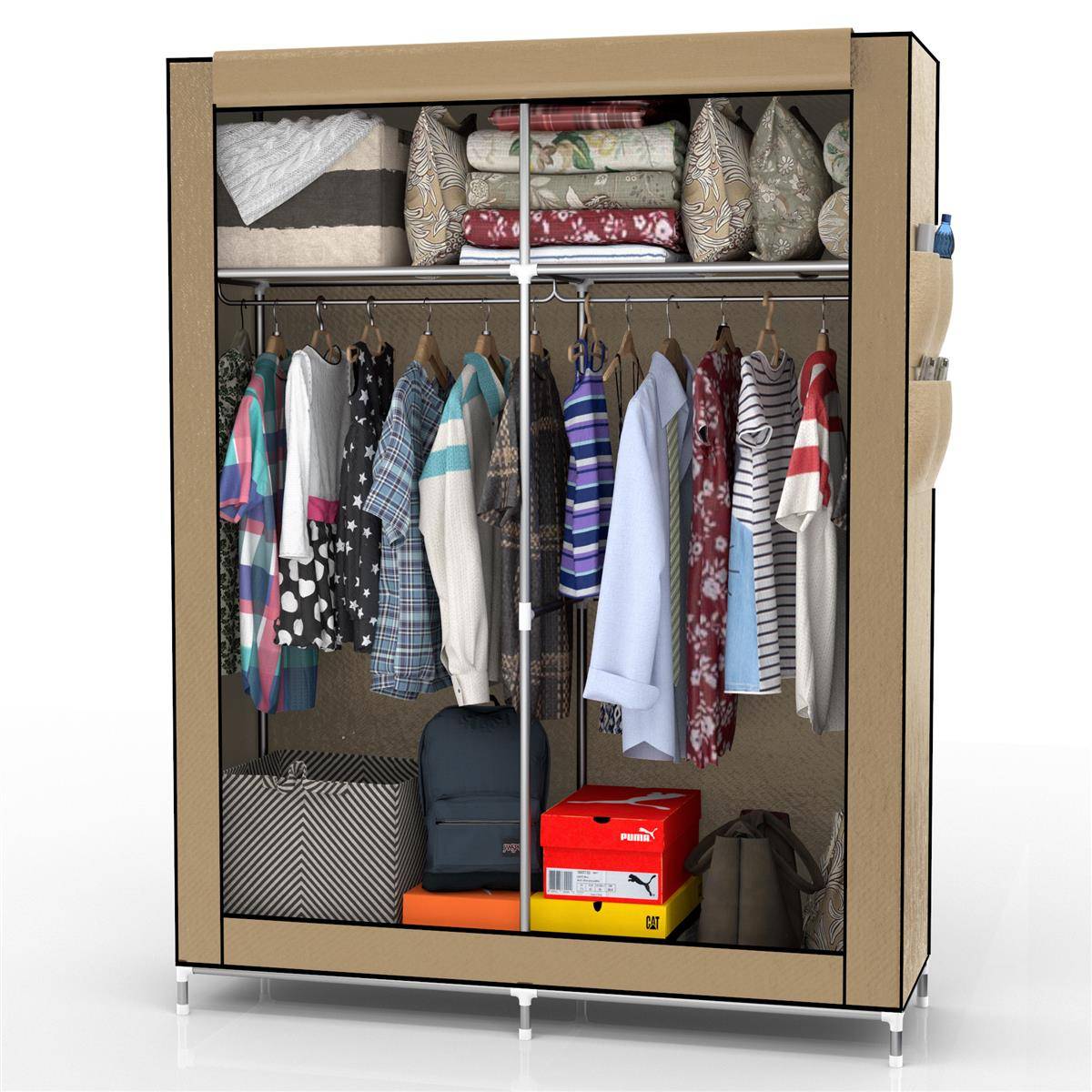 Intirilife Faltschrank 108x170x45 cm in CRÈME BEIGE - mit Reißverschluss Stoffschrank Kleiderschrank mit Kleiderstange, Fächern und Seitentasche